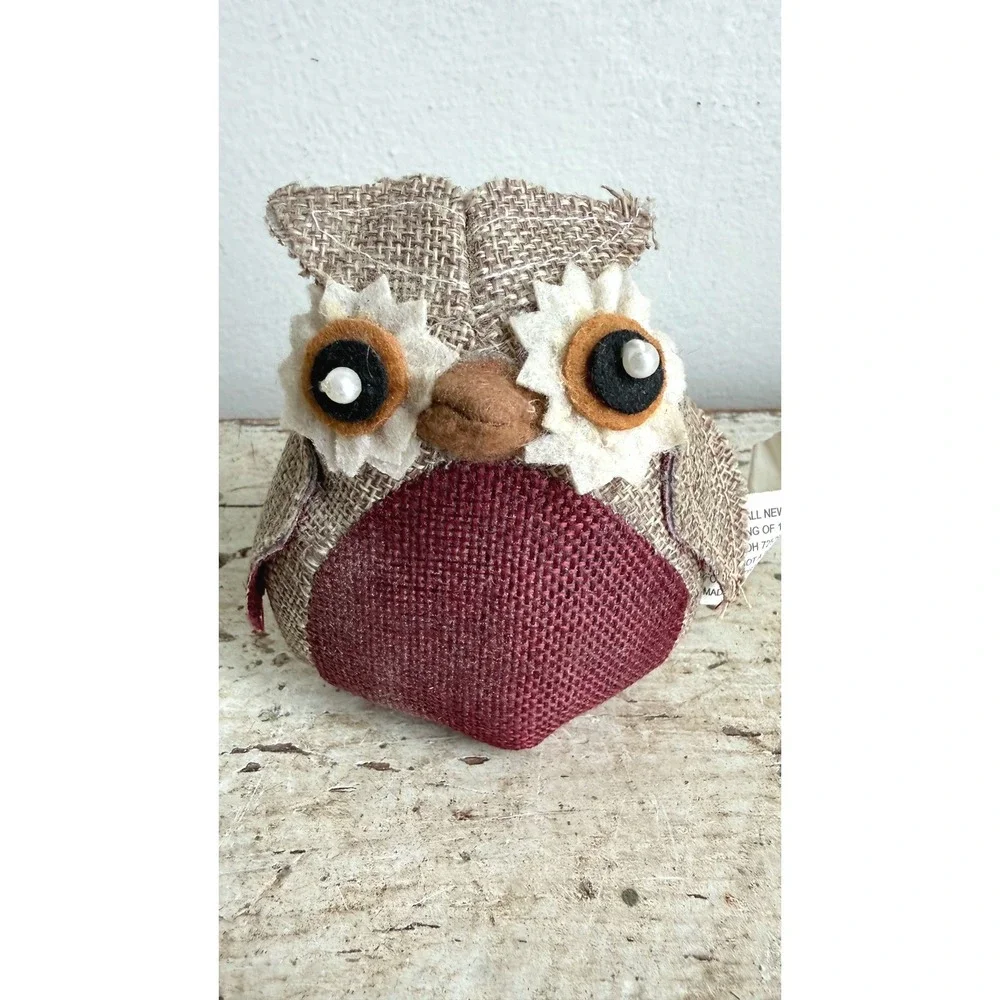 Rustic Burlap Owl Ornament Burgundy Tan Farmhouse Woodland Decor 4in